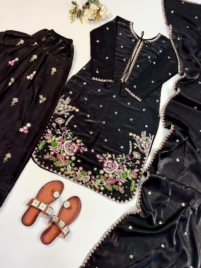 Black Embroidered Designer Wear Farshi Suit Set - BONYHUBSALWAR KAMEEZ