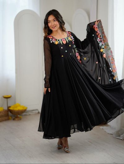 Black Embroidered Georgette Anarkali Suit Set for Women UK - BONYHUBSALWAR KAMEEZ