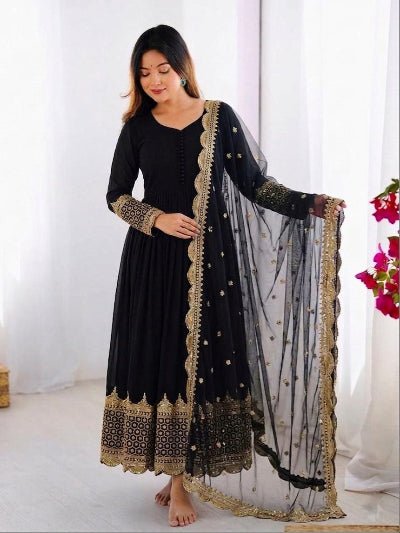 Black Embroidered Georgette Gown with Net Dupatta - BONYHUBSALWAR KAMEEZ