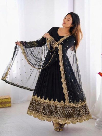 Black Embroidered Georgette Gown with Net Dupatta - BONYHUBSALWAR KAMEEZ
