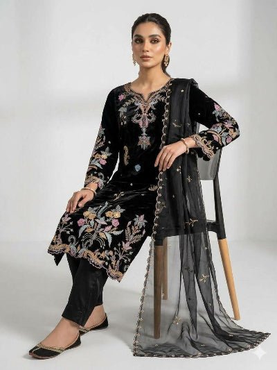 Black Embroidered Glass Roman Silk Straight Suit for Women - BONYHUBSALWAR KAMEEZ