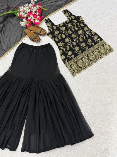 Black Embroidered Sleeveless Sharara Palazzo Set - BONYHUBSALWAR KAMEEZ
