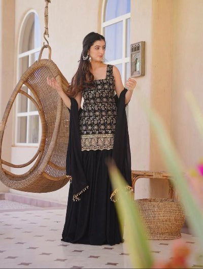 Black Embroidered Sleeveless Sharara Palazzo Set - BONYHUBSALWAR KAMEEZ