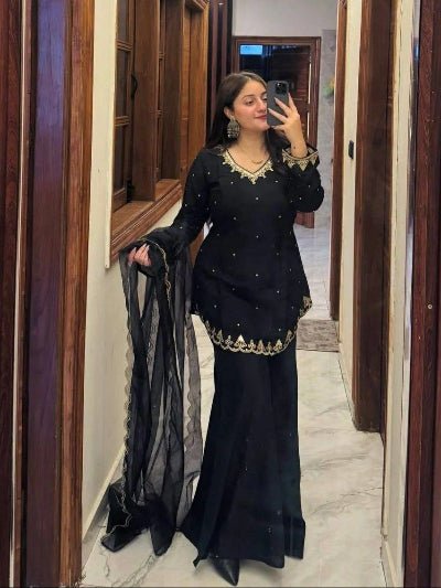 Black Embroidered Tunic Style Kurti With Palazzo &amp; Dupatta - BONYHUBSALWAR KAMEEZ
