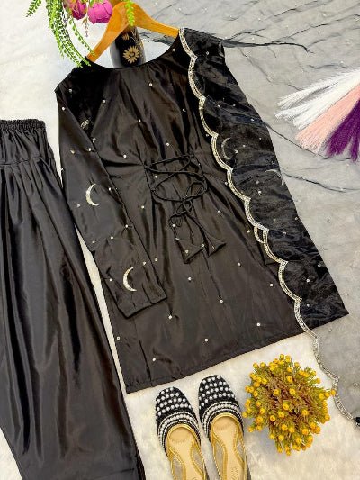 Black Embroidered Zari Moon Work Farshi Suit Set - BONYHUBSALWAR KAMEEZ