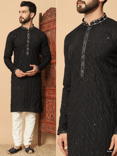 Black Embroidery Festive Men Kurta Pyjama - BONYHUBMEN KURTA
