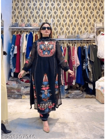 Black Embroidery Salwar Suit Set of 3 UK Next Day - BONYHUBSALWAR KAMEEZ