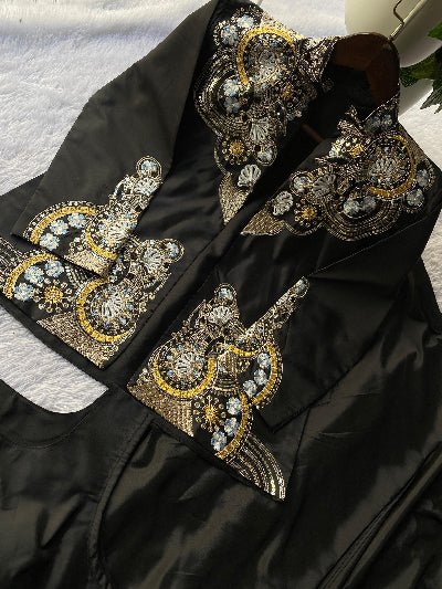 Black Embroidery Work Ready to Wear Saree Blouse &amp; Koti - BONYHUBSAREE