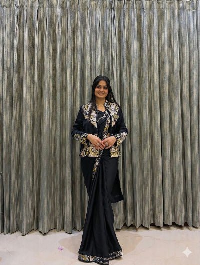 Black Embroidery Work Ready to Wear Saree Blouse &amp; Koti - BONYHUBSAREE