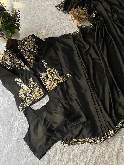 Black Embroidery Work Ready to Wear Saree Blouse &amp; Koti - BONYHUBSAREE