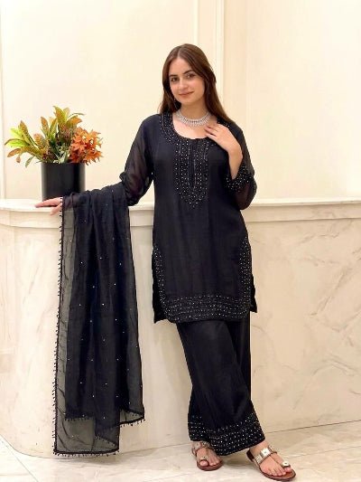 Black Fendy Silk Suit Set with Beads Work &amp; Dupatta UK Next Day - BONYHUBSALWAR KAMEEZ