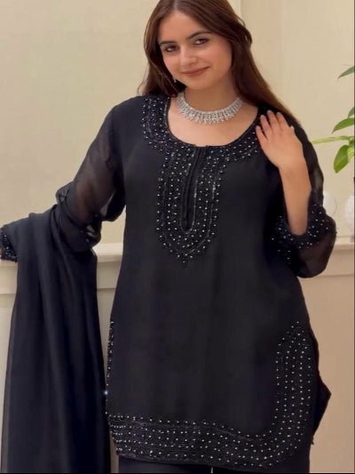 Black Fendy Silk Suit Set with Beads Work &amp; Dupatta UK Next Day - BONYHUBSALWAR KAMEEZ