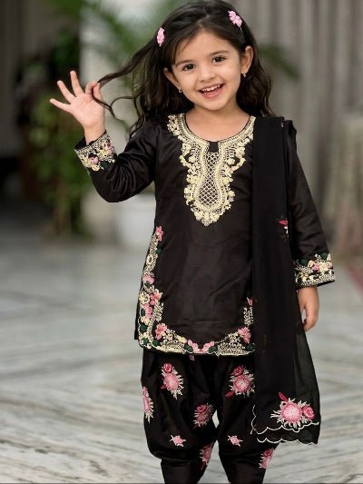 Black Floral Kids Embroidered Punjabi Suit - BONYHUBClothing