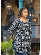 Black Floral Short Plus Size Kurti Tunic Cotton - BONYHUBSALWAR KAMEEZ