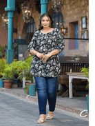 Black Floral Short Plus Size Kurti Tunic Cotton - BONYHUBSALWAR KAMEEZ