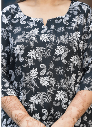 Black Floral Short Plus Size Kurti Tunic Cotton - BONYHUBSALWAR KAMEEZ