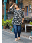 Black Floral Short Plus Size Kurti Tunic Cotton - BONYHUBSALWAR KAMEEZ
