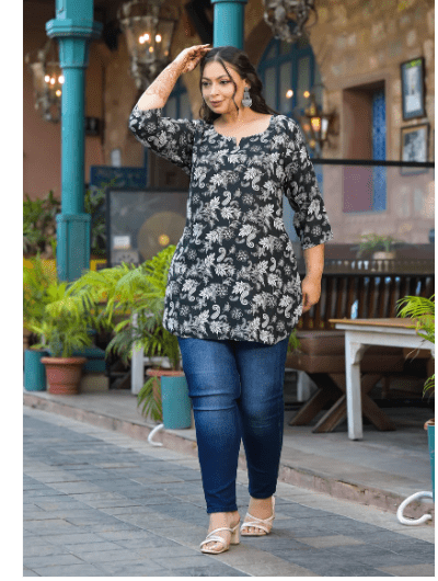 Black Floral Short Plus Size Kurti Tunic Cotton - BONYHUBSALWAR KAMEEZ
