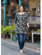 Black Floral Short Plus Size Kurti Tunic Cotton - BONYHUBSALWAR KAMEEZ