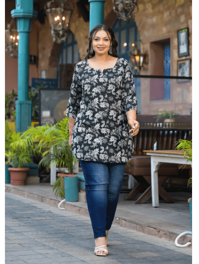 Black Floral Short Plus Size Kurti Tunic Cotton - BONYHUBSALWAR KAMEEZ