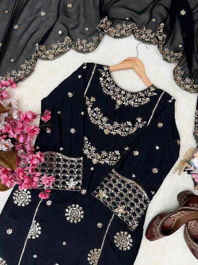 Black French Crepe Party Wear Palazzo Suit Set - BONYHUBSALWAR KAMEEZ