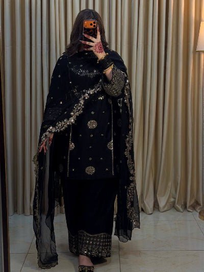 Black French Crepe Party Wear Palazzo Suit Set - BONYHUBSALWAR KAMEEZ