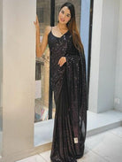 Black Georgette Bollywood Sequins Work Sari UK Next Day - BONYHUBSAREE