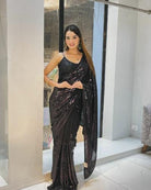 Black Georgette Bollywood Sequins Work Sari UK Next Day - BONYHUBSAREE