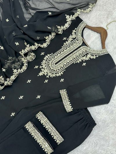 Black Georgette Chic Embroidered Straight Suit Set - BONYHUBSALWAR KAMEEZ