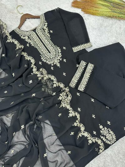 Black Georgette Chic Embroidered Straight Suit Set - BONYHUBSALWAR KAMEEZ