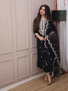 Black Georgette Chic Embroidered Straight Suit Set - BONYHUBSALWAR KAMEEZ