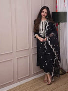 Black Georgette Chic Embroidered Straight Suit Set - BONYHUBSALWAR KAMEEZ