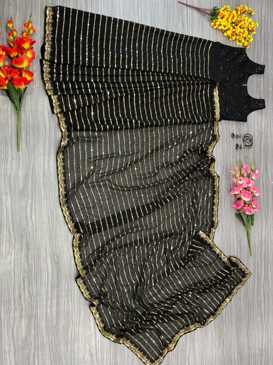 Black Georgette Embellished Zip & Go 10 Second Saree Gown - BONYHUBSAREE