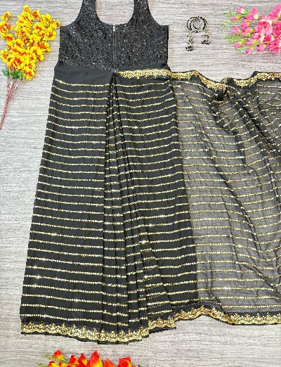 Black Georgette Embellished Zip & Go 10 Second Saree Gown - BONYHUBSAREE