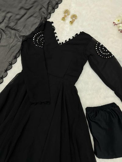 Black Georgette Embroidered Real Mirror Work Anarkali Suit Set - BONYHUBSALWAR KAMEEZ