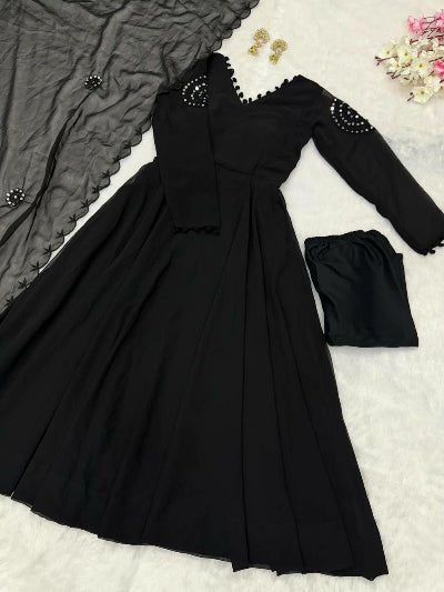 Black Georgette Embroidered Real Mirror Work Anarkali Suit Set - BONYHUBSALWAR KAMEEZ