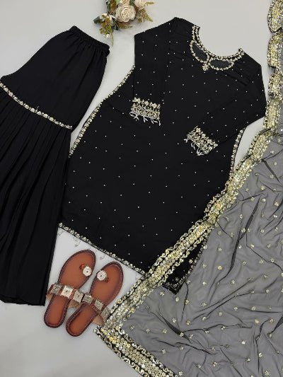 Black Georgette Embroidered Sharara Suit for Women - BONYHUBSALWAR KAMEEZ