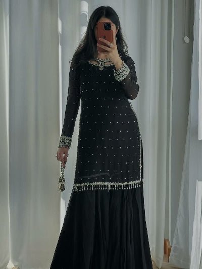 Black Georgette Embroidered Sharara Suit for Women - BONYHUBSALWAR KAMEEZ