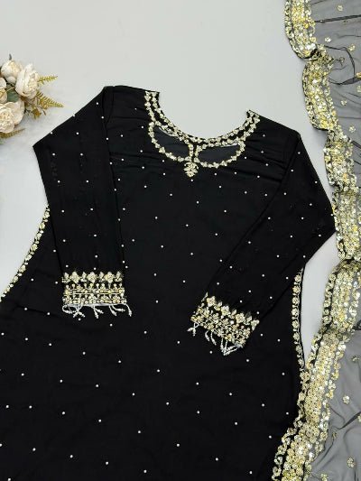 Black Georgette Embroidered Sharara Suit for Women - BONYHUBSALWAR KAMEEZ