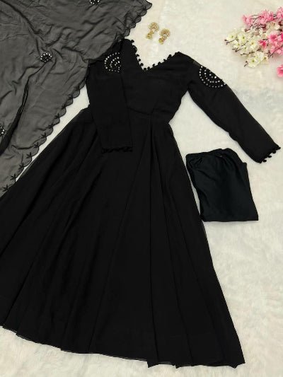 Black Georgette Embroidered Real Mirror Work Anarkali Suit Set - BONYHUBSALWAR KAMEEZ