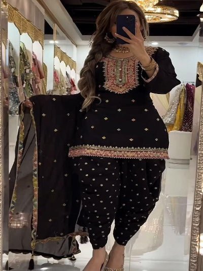 Black Georgette Embroidery Punjabi Dhoti Suit Set - BONYHUBSALWAR KAMEEZ