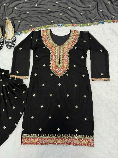 Black Georgette Embroidery Punjabi Dhoti Suit Set - BONYHUBSALWAR KAMEEZ