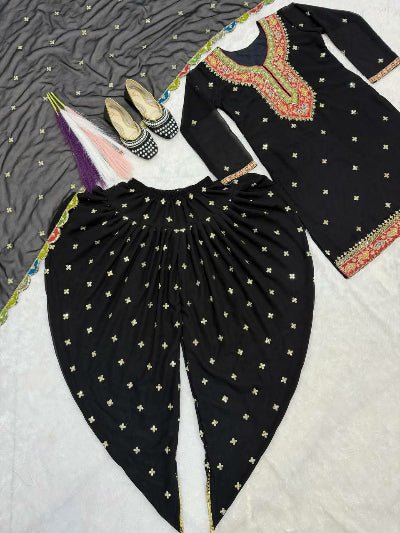 Black Georgette Embroidery Punjabi Dhoti Suit Set - BONYHUBSALWAR KAMEEZ