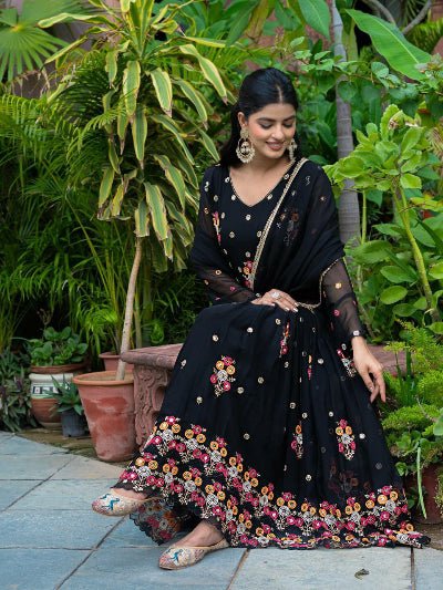 Black Georgette Festive Embroidered Anarkali Gown Suit Set - BONYHUBSALWAR KAMEEZ