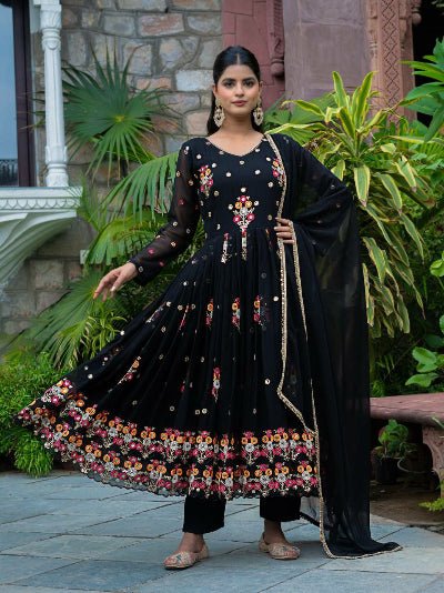 Black Georgette Festive Embroidered Anarkali Gown Suit Set - BONYHUBSALWAR KAMEEZ