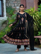 Black Georgette Festive Embroidered Anarkali Gown Suit Set - BONYHUBSALWAR KAMEEZ