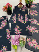 Black Georgette Floral Print Farshi Suit Set - BONYHUBSALWAR KAMEEZ