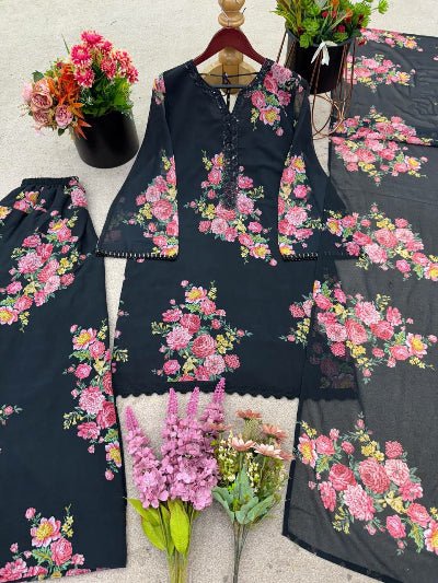 Black Georgette Floral Print Farshi Suit Set - BONYHUBSALWAR KAMEEZ