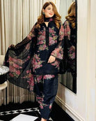 Black Georgette Floral Print Farshi Suit Set - BONYHUBSALWAR KAMEEZ