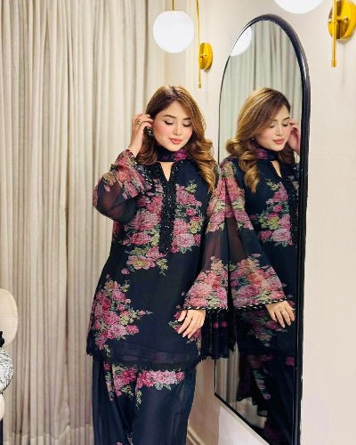 Black Georgette Floral Print Farshi Suit Set - BONYHUBSALWAR KAMEEZ